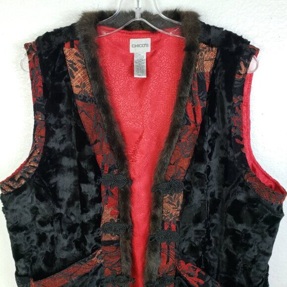 CHICO'S Vest Faux Fur Chinese Mandarin Style size XL Art-to-Wear Artsy Funky - Picture 2 of 11